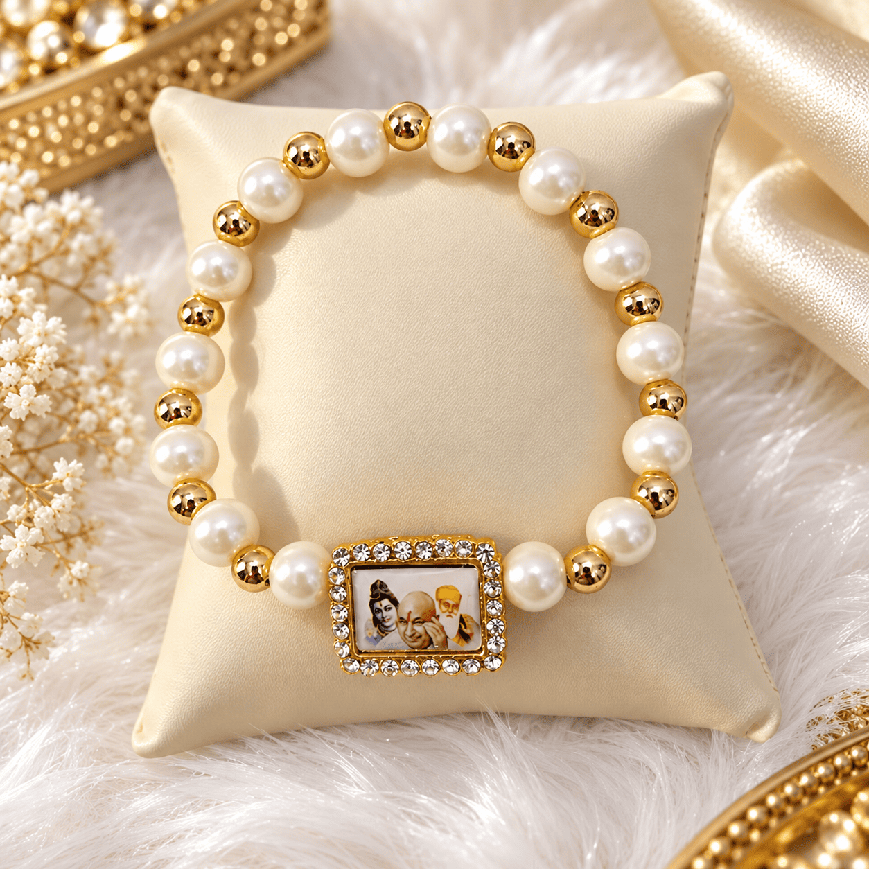 Guruji Blessings Bracelet with white pearl and gold beads and photo charm