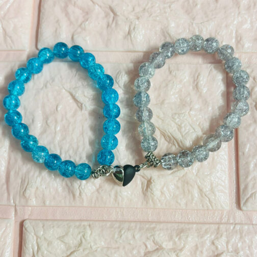 Magnetic Heart Bracelets with Blue and Silver Crackle Beads for Couples