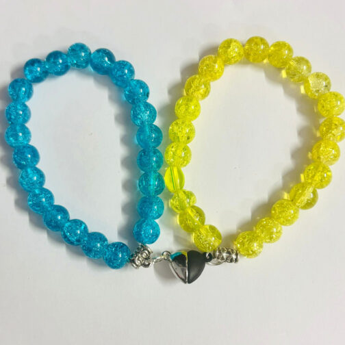 Magnetic Heart Bracelet Set with Blue and Yellow Crackle Beads and Half-Heart Magnetic Charm