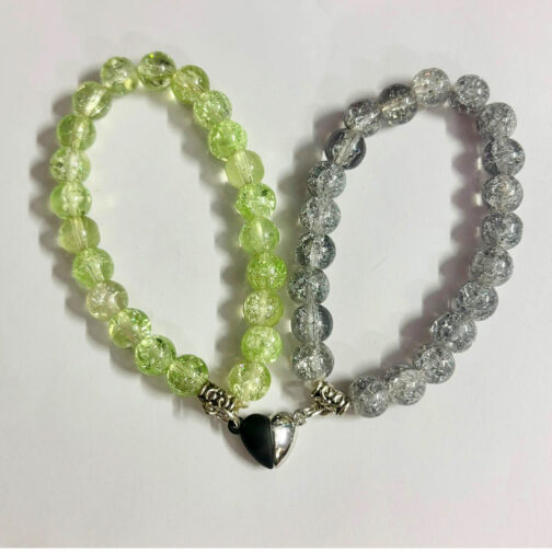 Green and Silver Magnetic Heart Bracelet Set with Crackle Glass Beads and Half-Heart Magnetic Charm