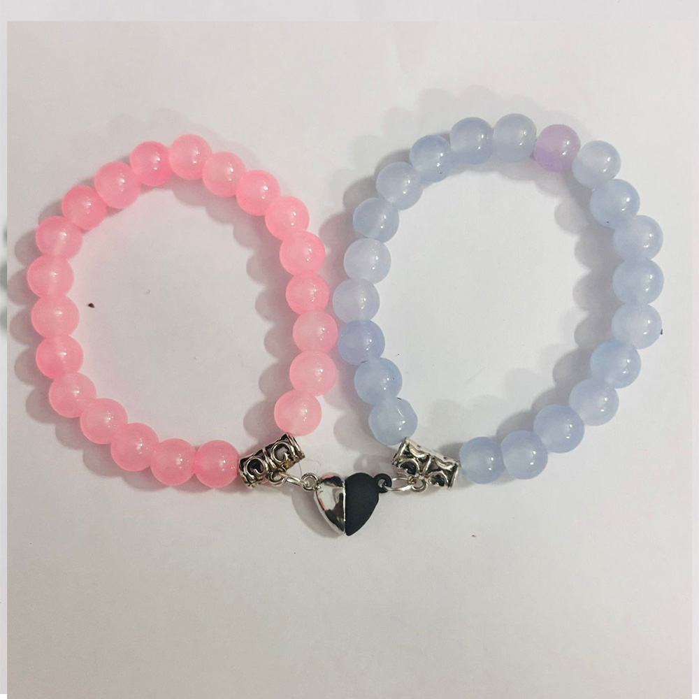 Pink and Blue Magnetic Heart Bracelet Set with Pastel Beads and Half-Heart Magnetic Charm