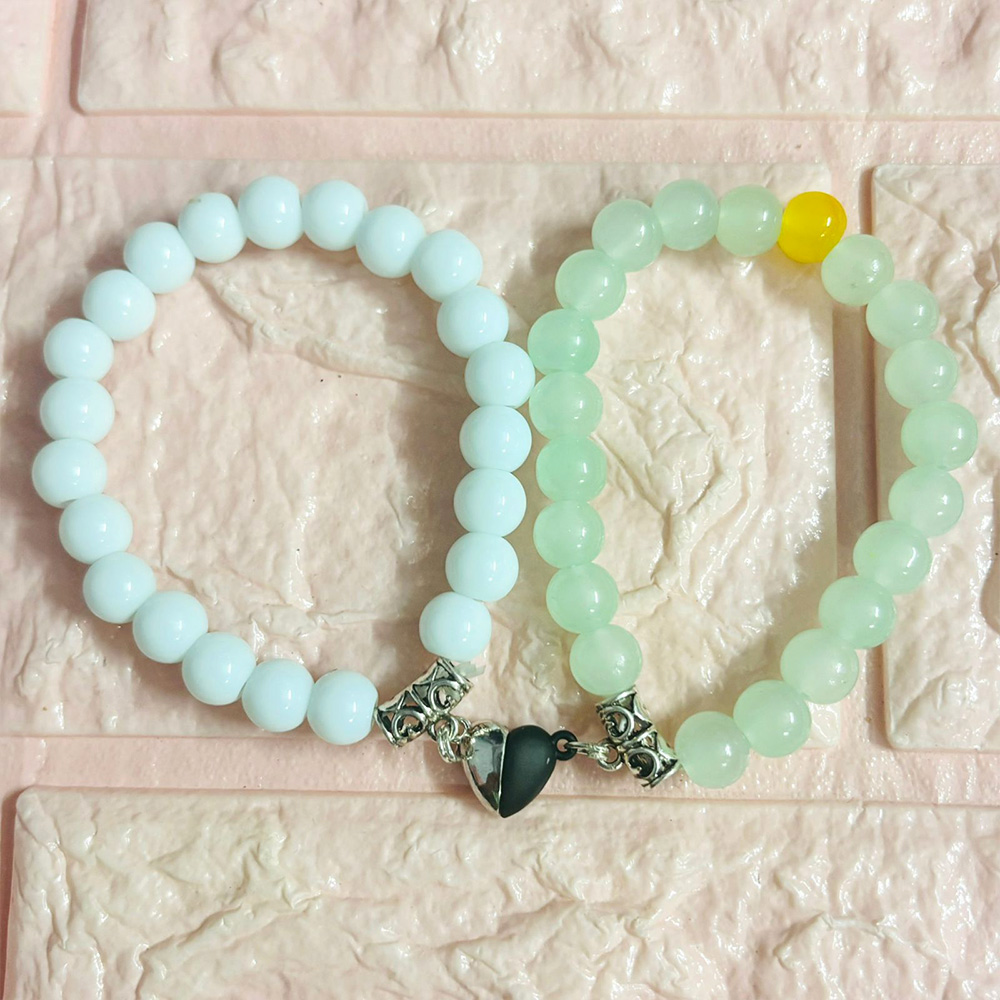 Magnetic Heart Charm Couple Bracelets in White and Mint-Green Beads