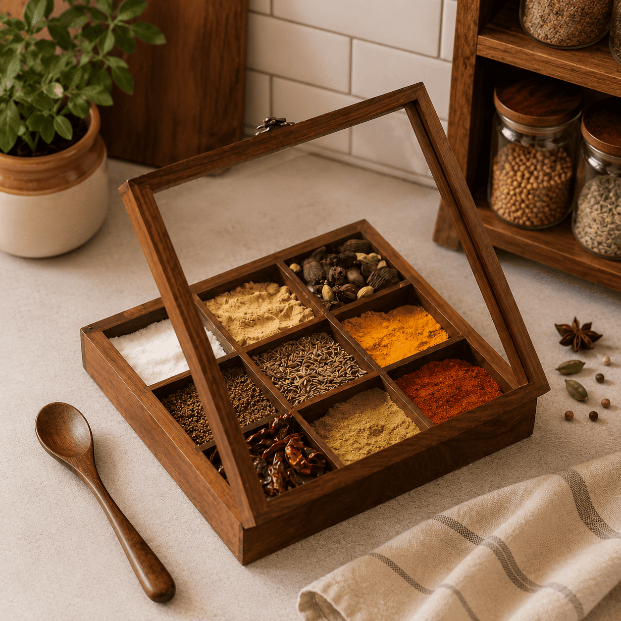 Spice Box - 9 Square Containers with a Spoon