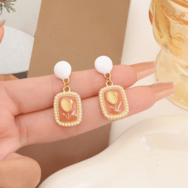 Coral Enamel Floral Drop Earrings