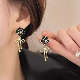 Black Floral Bow Drop Earrings