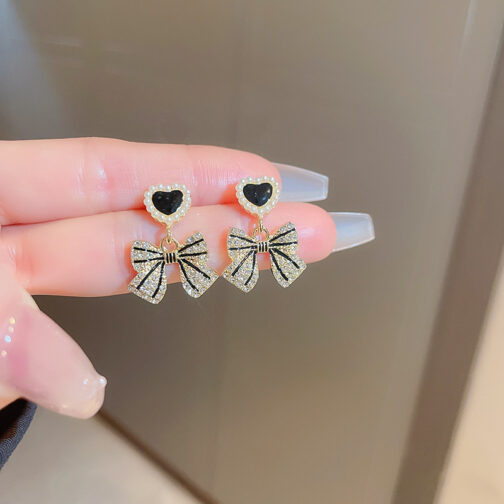 Black Heart & Bow Drop Earrings