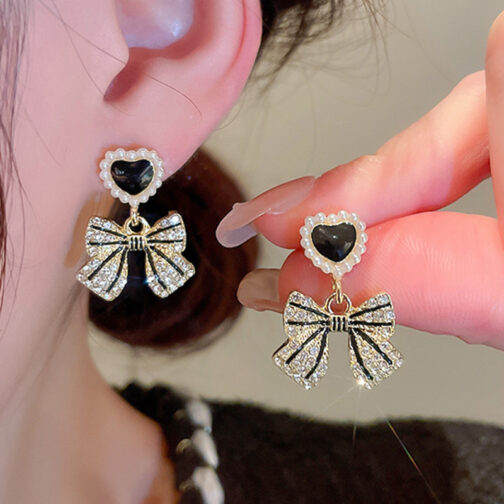 Black Heart & Bow Drop Earrings - Image 2