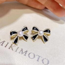 Black Bow Pearl Stud Earrings