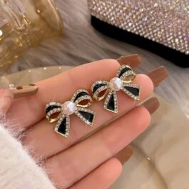 Black Bow Pearl Stud Earrings
