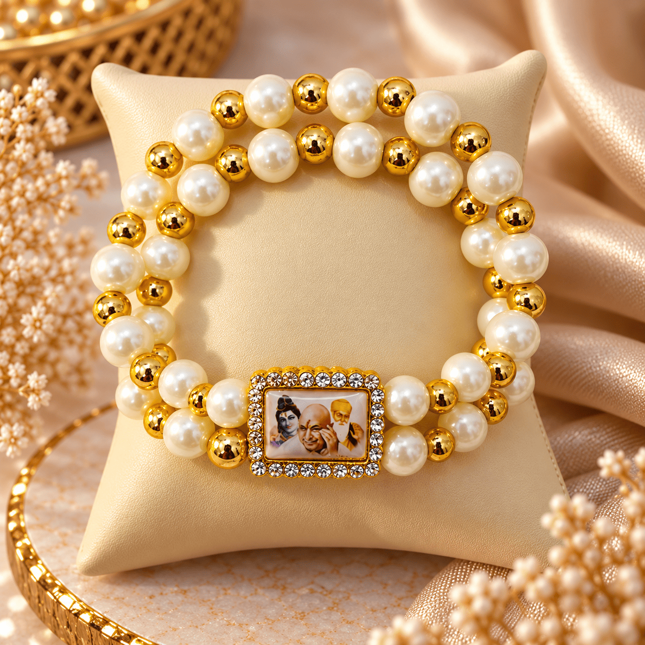 Home | Grab n Gift Guruji Blessings Bracelet with white pearl beads, gold beads and rectangular Guruji photo charm