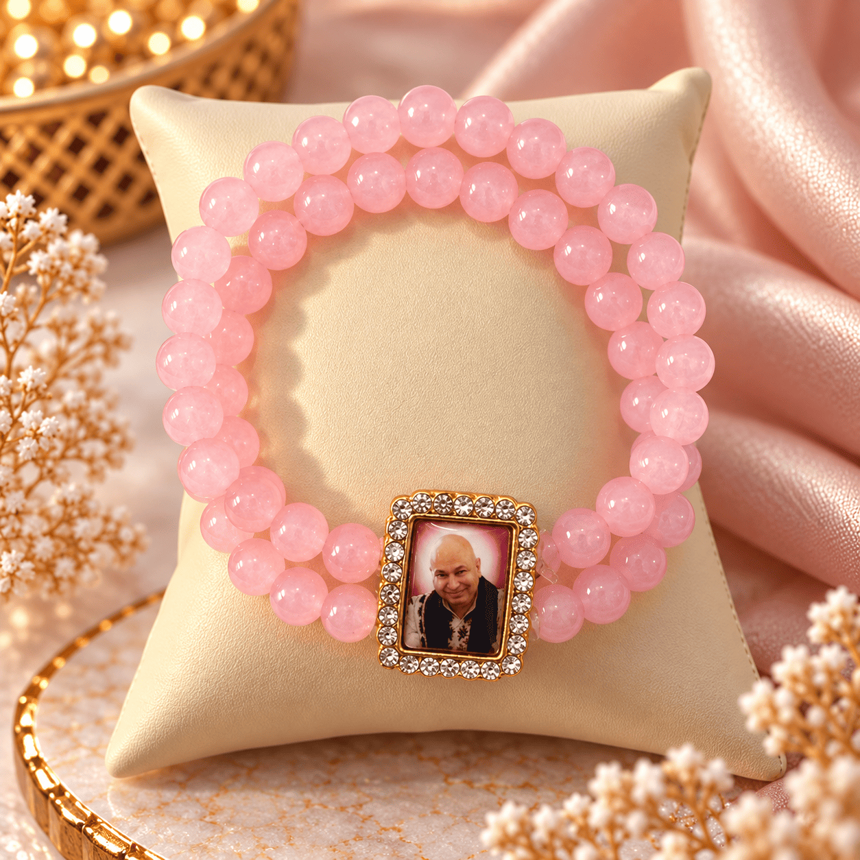Home | Grab n Gift Guruji Blessings Bracelet with soft pink beads and rectangular Guruji photo charm