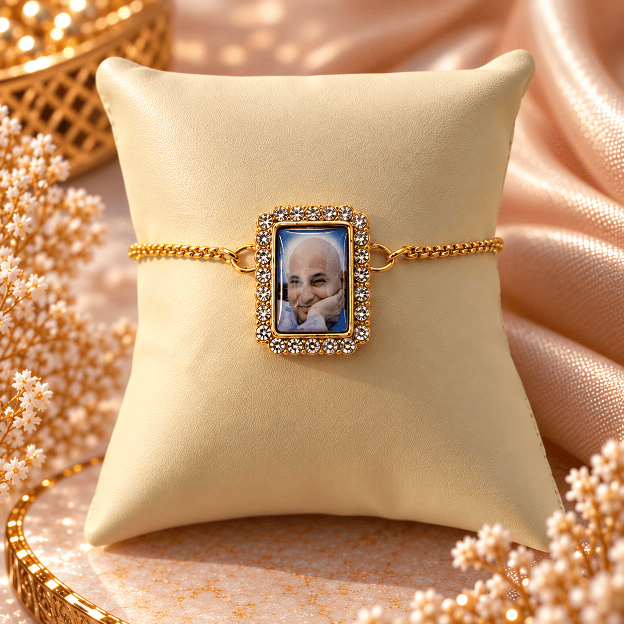 Home | Grab n Gift Guruji Blessings Necklace with gold-tone chain and rectangular Guruji photo pendant