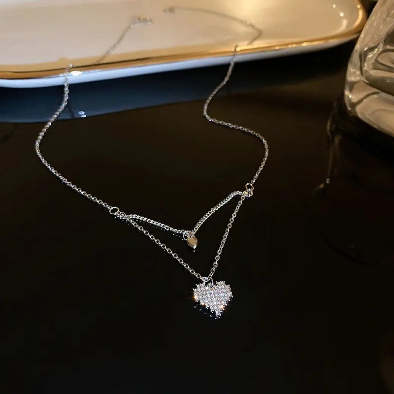 Silver Layered Sparkle Heart Necklace