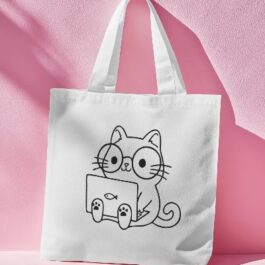 Cute Cat Print White Tote Bag