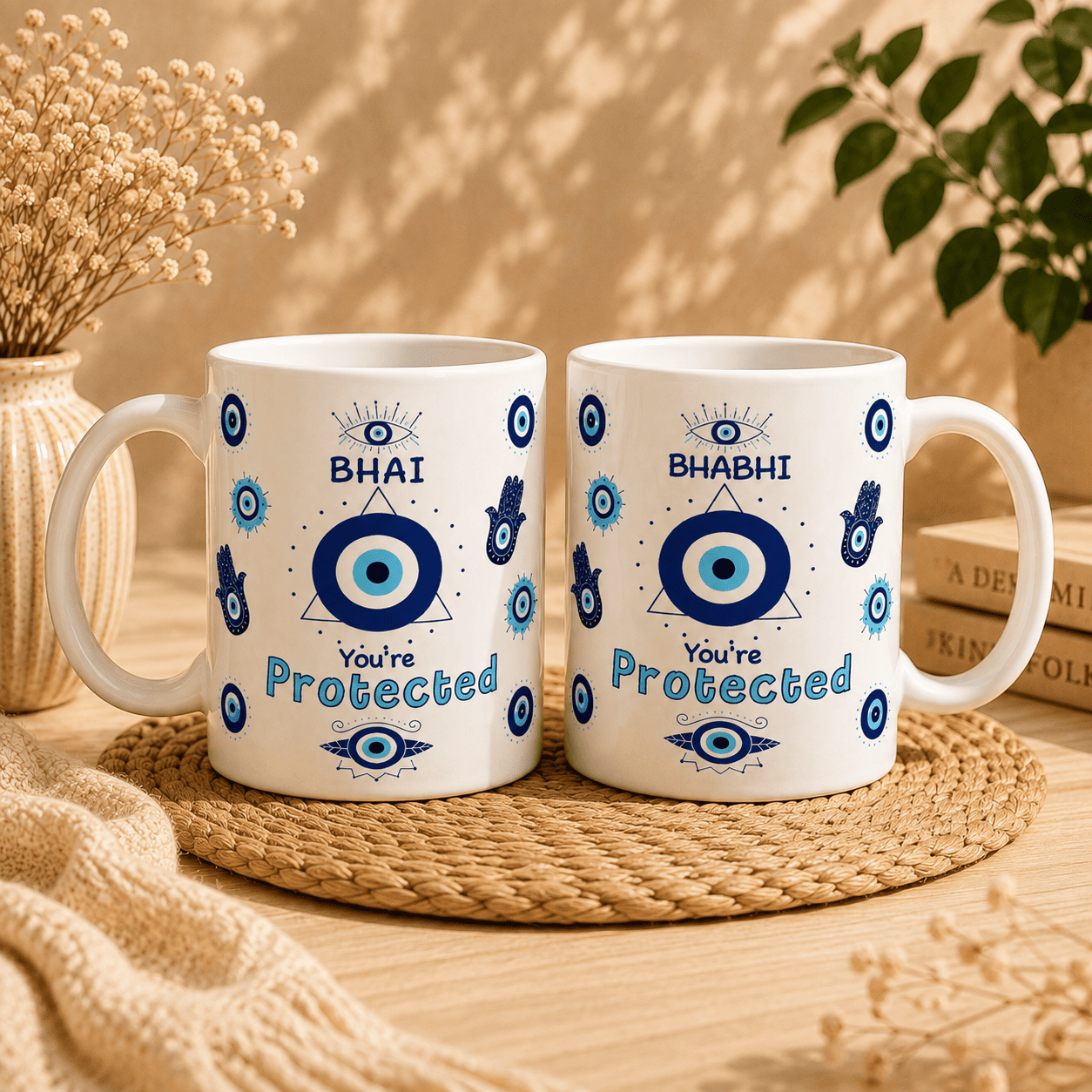 Home - Grab n Gift Bhai Bhabhi mug set with matching ceramic evil eye mugs