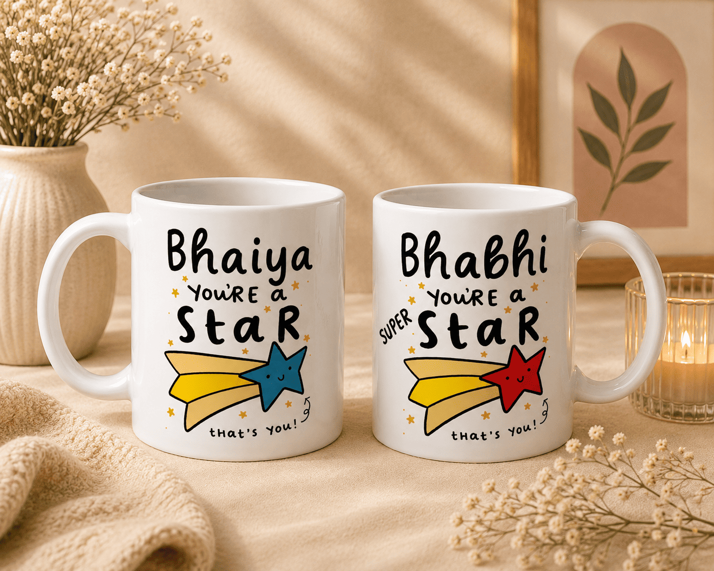 Bhai Bhabhi Ceramic Mug Set - Grab n Gift Bhai Bhabhi Ceramic Mug Set with matching Bhaiya and Bhabhi mugs